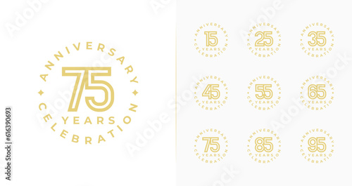 Set of anniversary logo design. 15, 25, 35, 45, 55, 65, 75, 85, 95, birthday symbol with gold color and minimal style