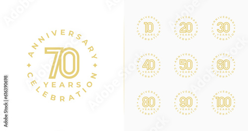 Set of anniversary logo design. 10, 20, 30, 40, 50, 60, 70, 80, 90, 100, birthday symbol with gold color and minimal style