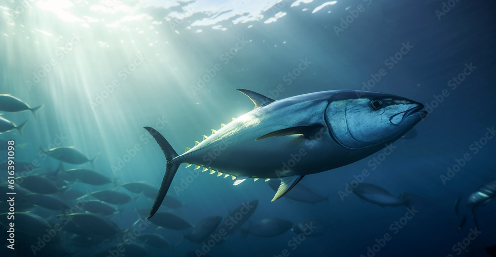 Fototapeta premium Fishing in the sea. tuna fish underwater view. Generative AI