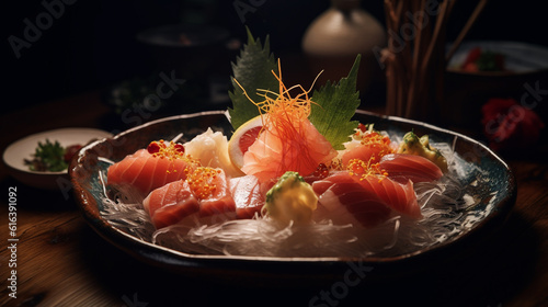 Close-up of Japanese food mixed Sashimi dish on blurred background. generative AI