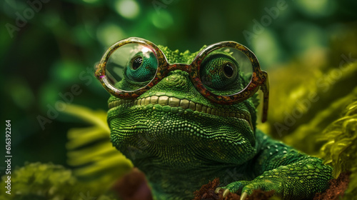 portrait glasses lizard animal reptile wildlife scale green iguana close-up. Generative AI.
