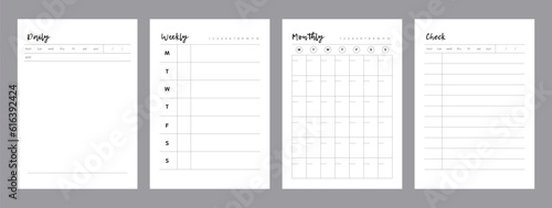 4 set of daily, weekly, monthly, check planner. Minimalist planner template set. Vector illustration.