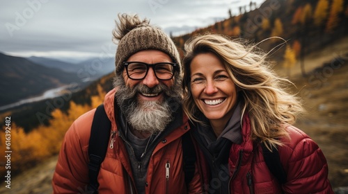 Laughing and piggybacking, a man and woman enjoy their retirement together in the wide outdoors.