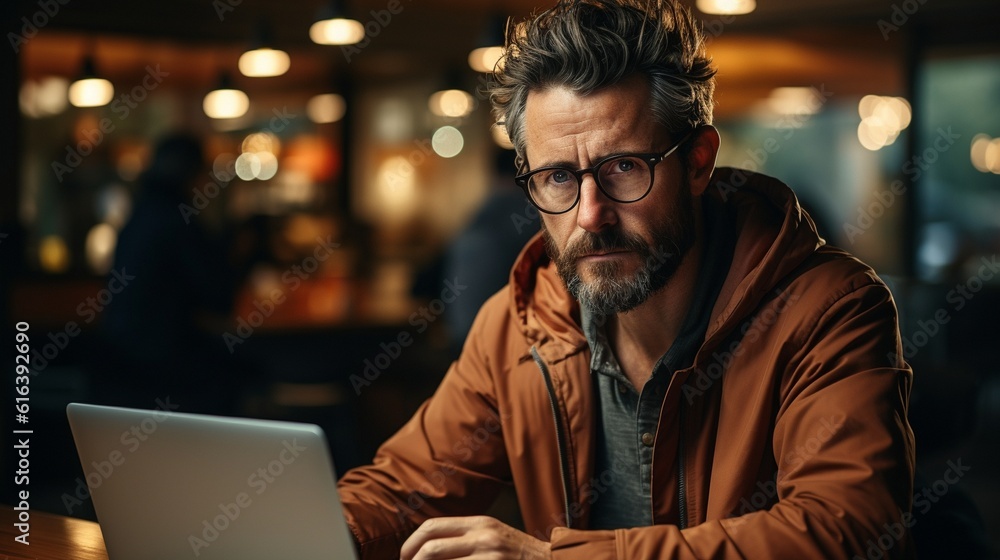 scared and unhappy distant internet worker sitting in a coworking space wearing a casual clothes and a laptop scared and unhappy distant internet worker sitting in a coworking space wearing a casual clothes and a laptop