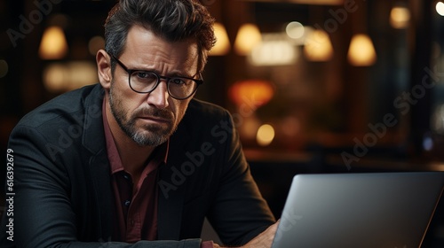 scared and unhappy distant internet worker sitting in a coworking space wearing a casual clothes and a laptop