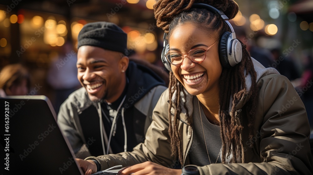 Obraz premium Young foreign exchange university students from Africa study online on a laptop computer.