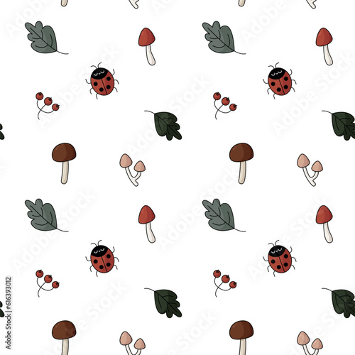 Vector seamless pattern for printing forest mushrooms leaves berries and ladybug