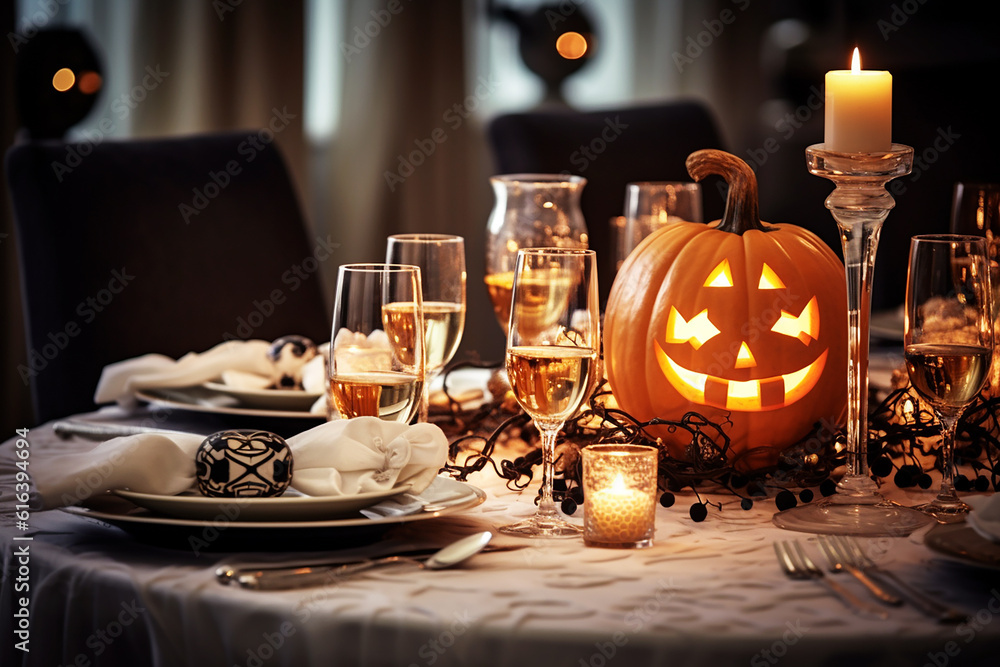 Halloween table setting with pumpkins decoration. Generative AI