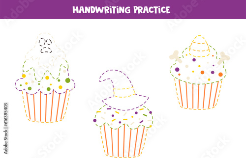 Handwriting practice with cartoon Halloween cupcakes. Tracing lines for preschoolers. Vector illustration.
