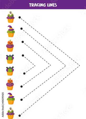 Tracing lines for kids. Cartoon cute Halloween cupcakes.