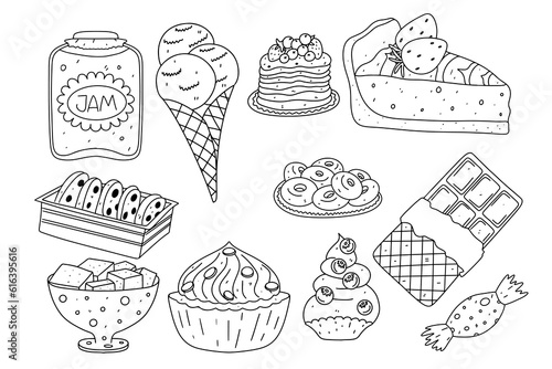 Set of sweet food in hand drawn doodle style. Vector illustration isolated on white.