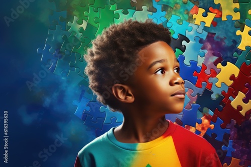 Fictional black girl child with puzzle pieces. Concept for Disability Pride Month, world brain day, mental health and brain neurological health, autism spectrum disorder.  photo