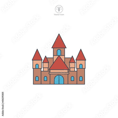 Castle icon vector displays a stylized medieval fortress, symbolizing history, royalty, fortification, heritage, and fairy-tale themes © keenan