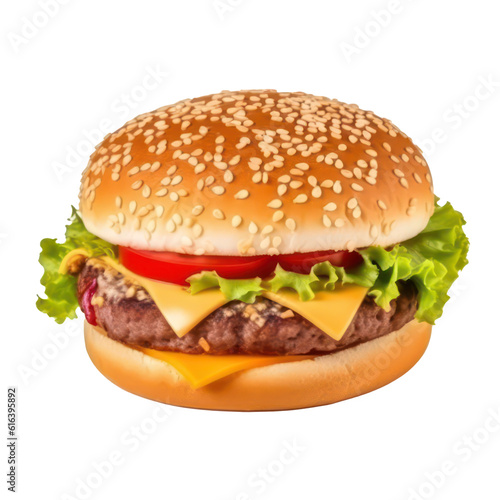 Cheeseburger isolated on transparent background. Generative AI.