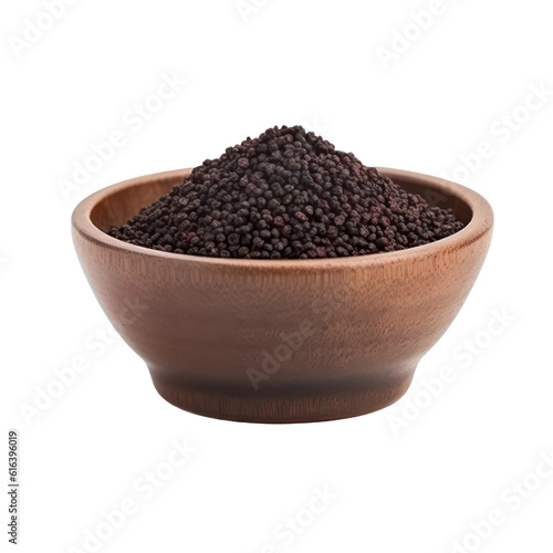 Dry ground sumac in black bowl isolated on transparent background. Generative AI.