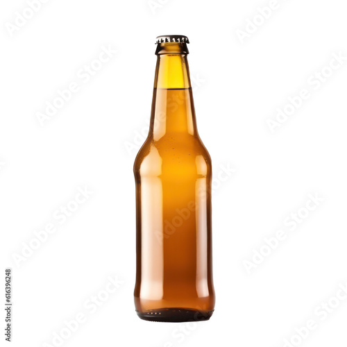 Cold beer in a clear transparent bottle isolated on transparent background. Generative AI.