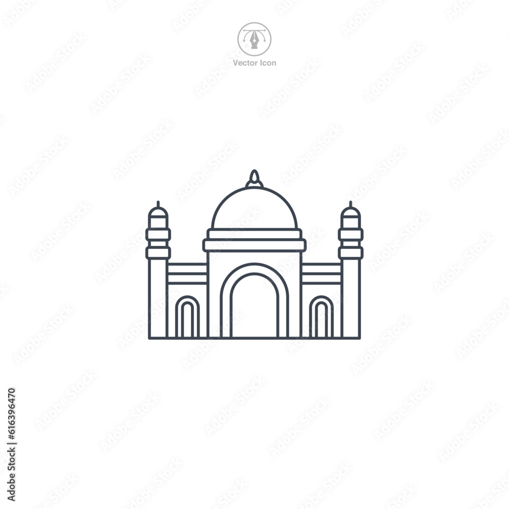Mosque icon vector depicts a stylized Islamic place of worship, symbolizing Islam, prayer, faith, spirituality, and Muslim community