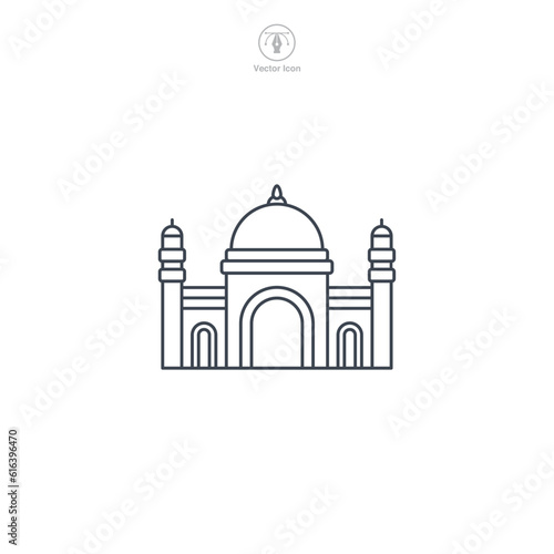 Mosque icon vector depicts a stylized Islamic place of worship, symbolizing Islam, prayer, faith, spirituality, and Muslim community