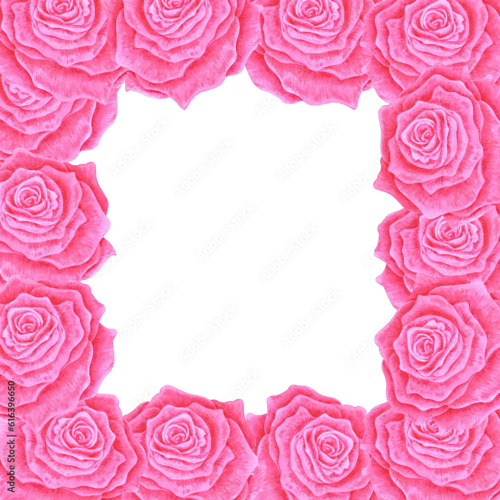 Hand drawn watercolor pink rose frame isolated on white background. Can be used for invitation, postcard, poster, book decoration and other printed products.