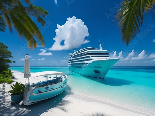 tropical beach in Maldives with palm trees and boat 3d render