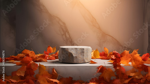 Stone pedestal with orange leaves  fall background. Product display design  minimal mockup template. Generative AI