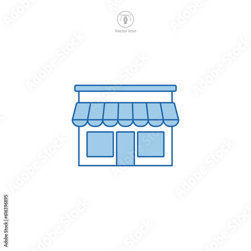 Store icon vector portrays a stylized retail outlet, signifying shopping, commerce, trade, consumerism, and business transactions