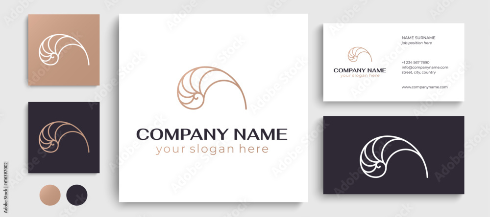 Fototapeta premium Shell logo. Modern seashell, naulilus. Elegant linear logo. Template to create a unique luxury design, logo. Vector