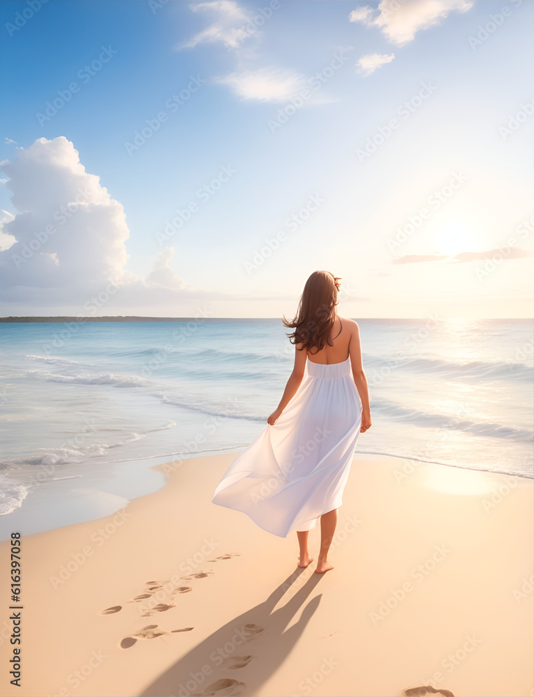 The back of a happy woman at the beach by ai generated. The back of a happy woman at the beach by ai generated.