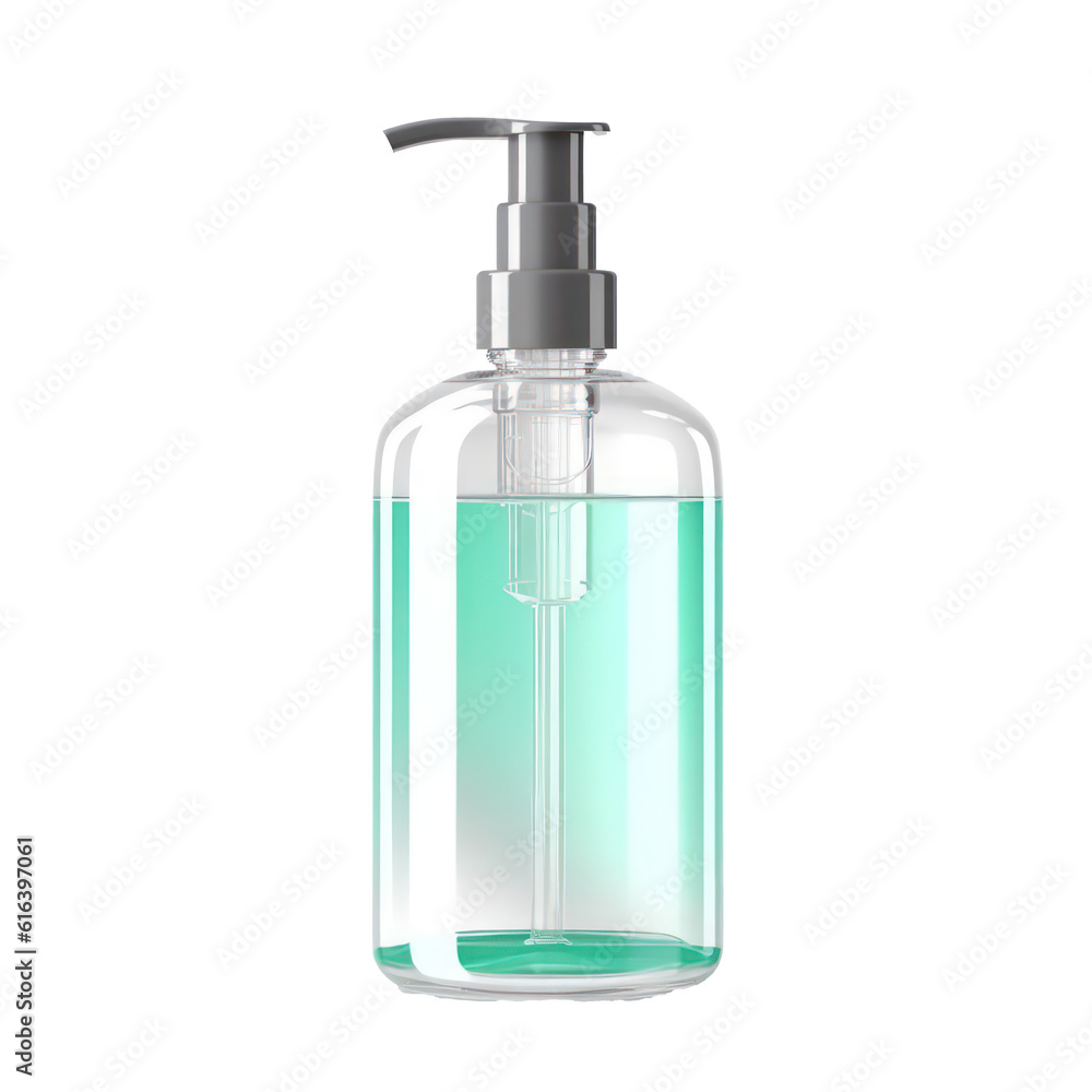 Transparent plastic bottle with liquid hand soap or sanitizer isolated on transparent background. Generative AI.
