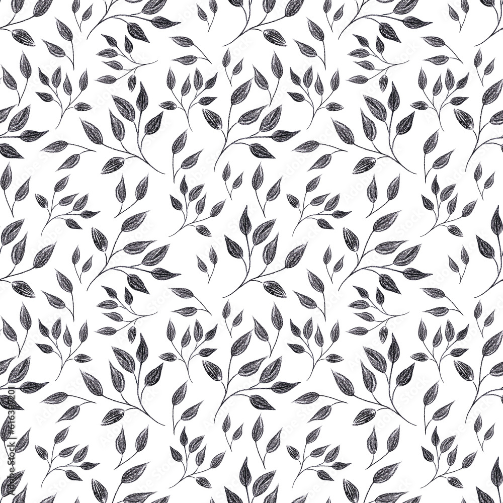 Hand drawn black pencil leaves seamless pattern isolated on white background. Can be used for textile, wrapping, fabric.
