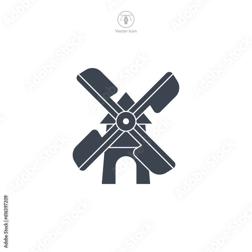 Windmill icon vector depicts a stylized energy converter, signifying renewable energy, wind power, sustainability, farming, and rural life