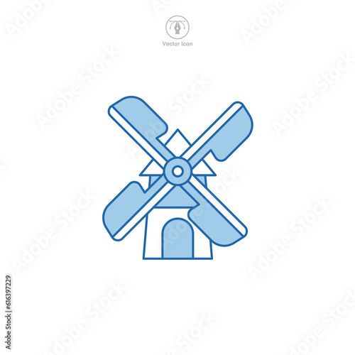 Windmill icon vector depicts a stylized energy converter, signifying renewable energy, wind power, sustainability, farming, and rural life