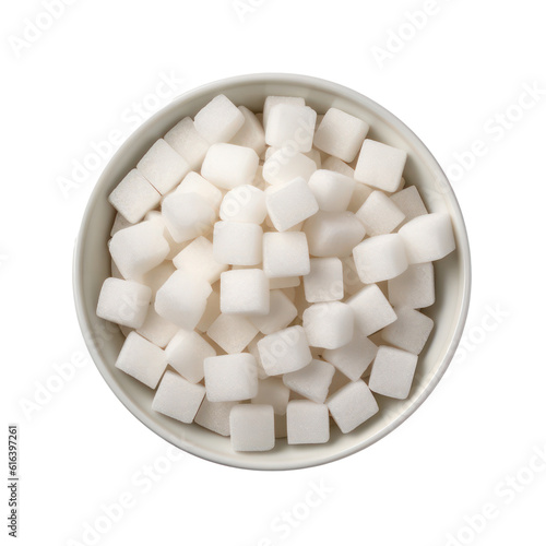 Rough sugar cubes in round bowl isolated on transparent background. Generative AI.