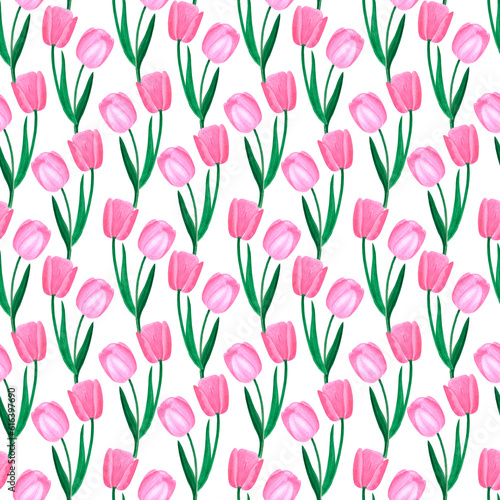 Wallpaper Mural Hand drawn watercolor pink tulips seamless pattern on white background. Can be used for fabric, textile, gift-wrapping. Torontodigital.ca