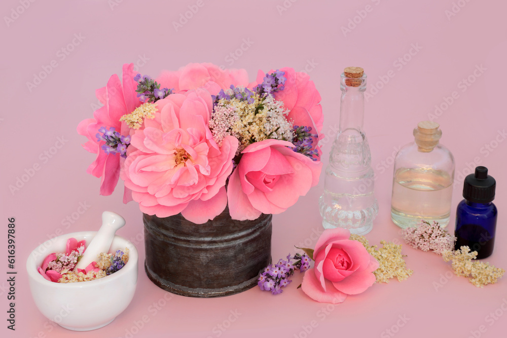 Adaptogen flowers, wildflowers and herbs used in natural herbal medicine and aromatherapy with rose, valerian, elder and lavender flora. Relaxing properties on pink.