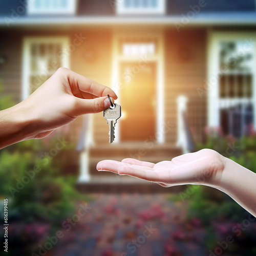Hand with keys on blurred house background