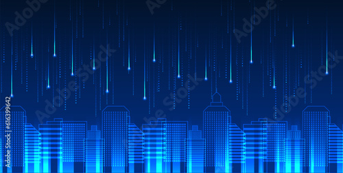 Smart city with laser light coming down Represents a smart city that takes advantage of modern technology and innovation. The living and business of the city grew rapidly.
