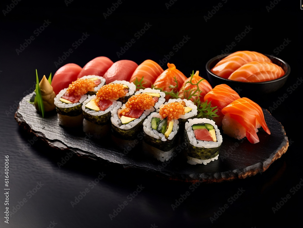 Fresh made sushi set with salmon, prawns and avocado. Generative AI Fresh made sushi set with salmon, prawns and avocado. Generative AI