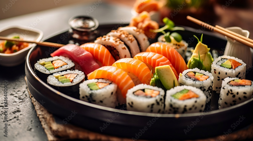 Various kinds of sushi served on plate. Generative AI Various kinds of sushi served on plate. Generative AI