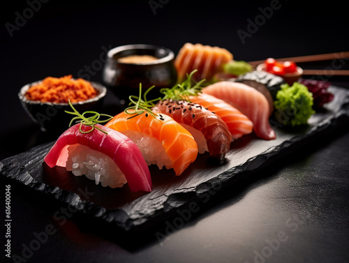 Sashimi sushi set with soy on black background. Generative AI