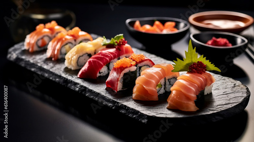 Close-up view of delicious sushi set on slate boards. Generative AI
