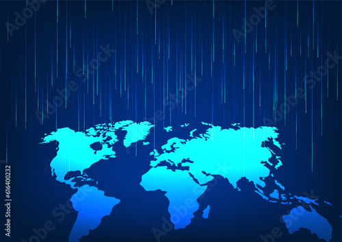 World map technology laser shot down The concept of big data transmission technology through the internet network that covers the world at high speed. save time and resources