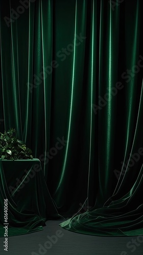Luxurious green curtain sets elegant product stage. Generative AI