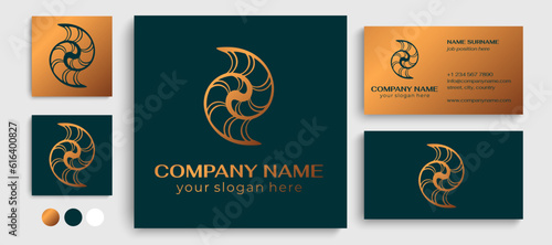 Shell logo. Modern seashell, naulilus. Elegant linear logo. Template to create a unique luxury design, logo. Vector