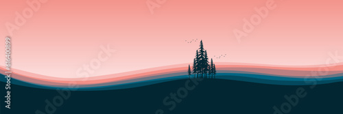 forest silhouette with mountain sunset landscape view vector illustration good for wallpaper, backdrop, background, web banner, and design template