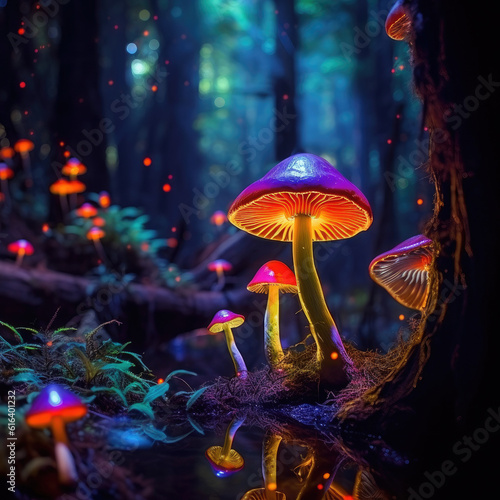 Glowing psychedelic neon magic mushrooms in the forest, generative ai