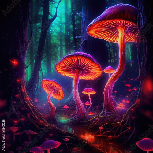 Glowing psychedelic neon magic mushrooms in the forest, generative ai