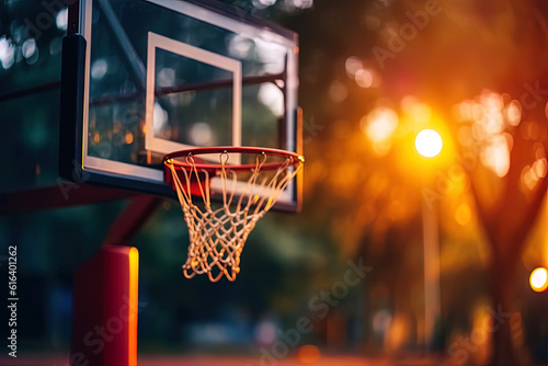 Basketball Korb mit Lichtstimmung an einer Freizeitanlage, Generative AI