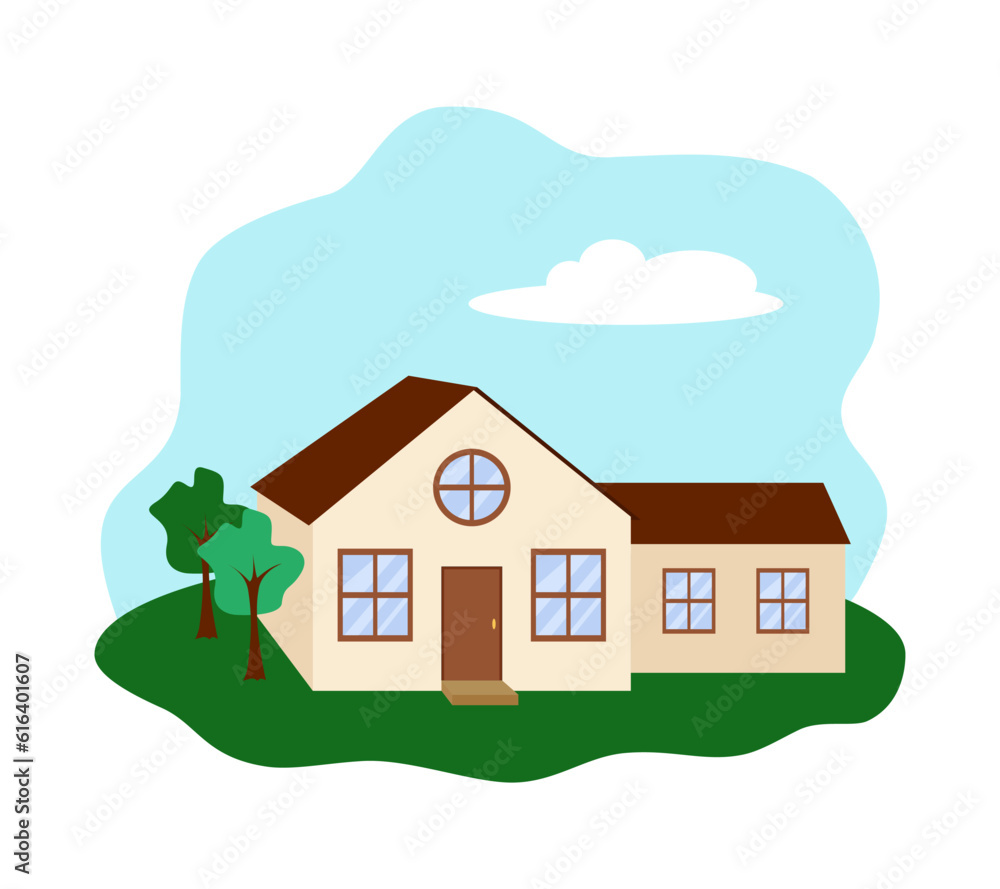 A cottage house. Flat design colorful illustration clipart, isolated on white background. Real estate for sale concept
