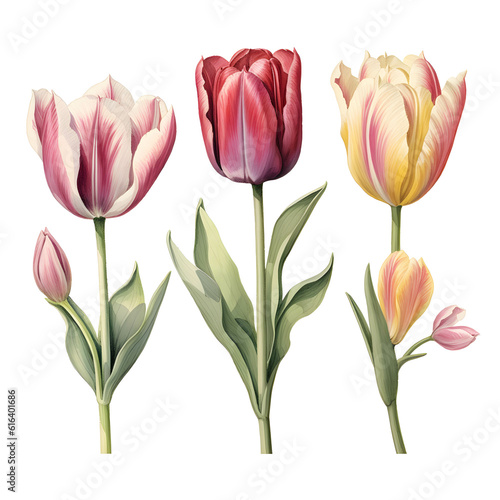 colorful tulips on a white background. Generative AI.